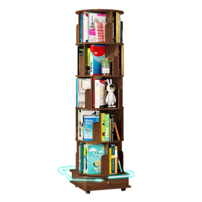 RNE Walnut 6-Tier 360 Rotating Solid Wood Bookshelf Tower with Drawers and Wheels