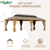 GAZEBEST 12' X 24' Permanent Hardtop Gazebo, Outdoor Galvanized Steel Double Roof Pavilion Pergola Canopy Wood-Looking with Aluminum Frame and Privacy Curtains for Garden,Patio Backyard,Deck and Lawns GAZEBEST
