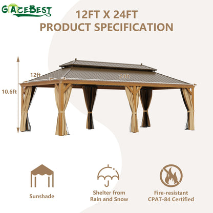 GAZEBEST 12' X 24' Permanent Hardtop Gazebo, Outdoor Galvanized Steel Double Roof Pavilion Pergola Canopy Wood-Looking with Aluminum Frame and Privacy Curtains for Garden,Patio Backyard,Deck and Lawns