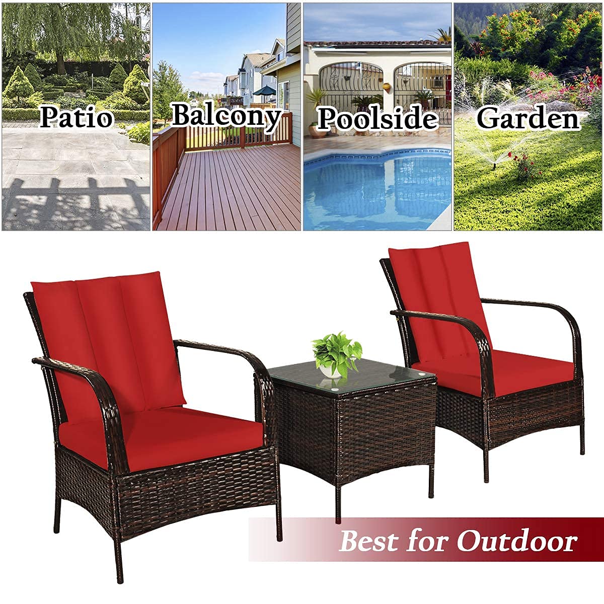 Tangkula 3 Piece Patio Furniture Set, 2 Wicker Chairs with Glass Top Coffee Table, Outdoor Garden Porch Poolside Furniture Set for 2, Rattan Conversation Set - WoodArtSupply