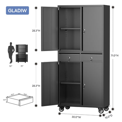 GLADIW Metal Storage Cabinet with Wheels,Garage Storage Cabinet with 2 Drawers and 2 Adjustable Shelves for Homes, Offices, Kitchens, Schools and Pantries - WoodArtSupply