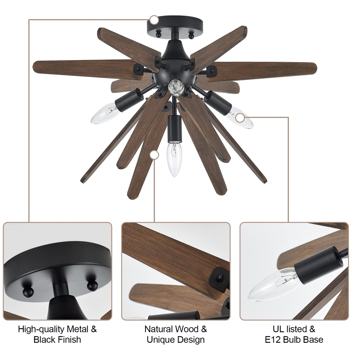 VANZARLA 4-Light Sputnik Semi Flush Mount Light Black, Wood Hallway Lights, Farmhouse Light Fixture for Kitchen, Rustic Close to Ceiling Light Fixture for Entryway Laundry Nursery Bedroom VANZARLA