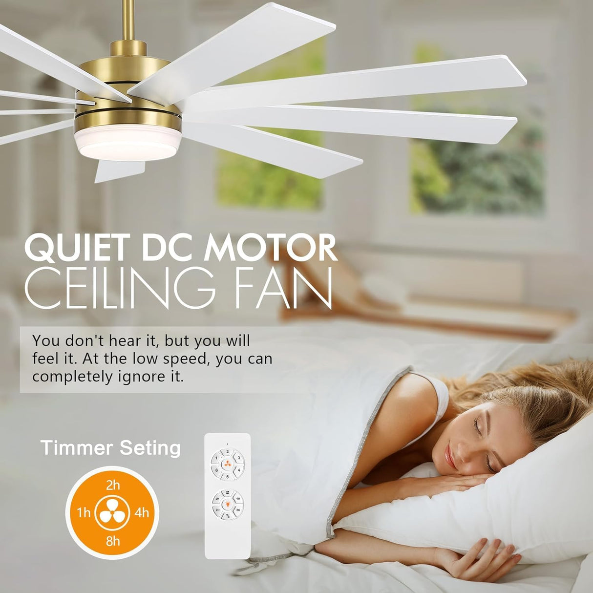 LEDLUX 72" DC Motor Ceiling Fan with Light, 6-Speed Remote Control, Reversible Motor, Modern 9 Blades Ceiling Fan 4.5"/12"/24" Downrods for Home or Commercial, Living Room/Restaurant White/Gold LEDLUX