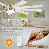 LEDLUX 72" DC Motor Ceiling Fan with Light, 6-Speed Remote Control, Reversible Motor, Modern 9 Blades Ceiling Fan 4.5"/12"/24" Downrods for Home or Commercial, Living Room/Restaurant White/Gold LEDLUX