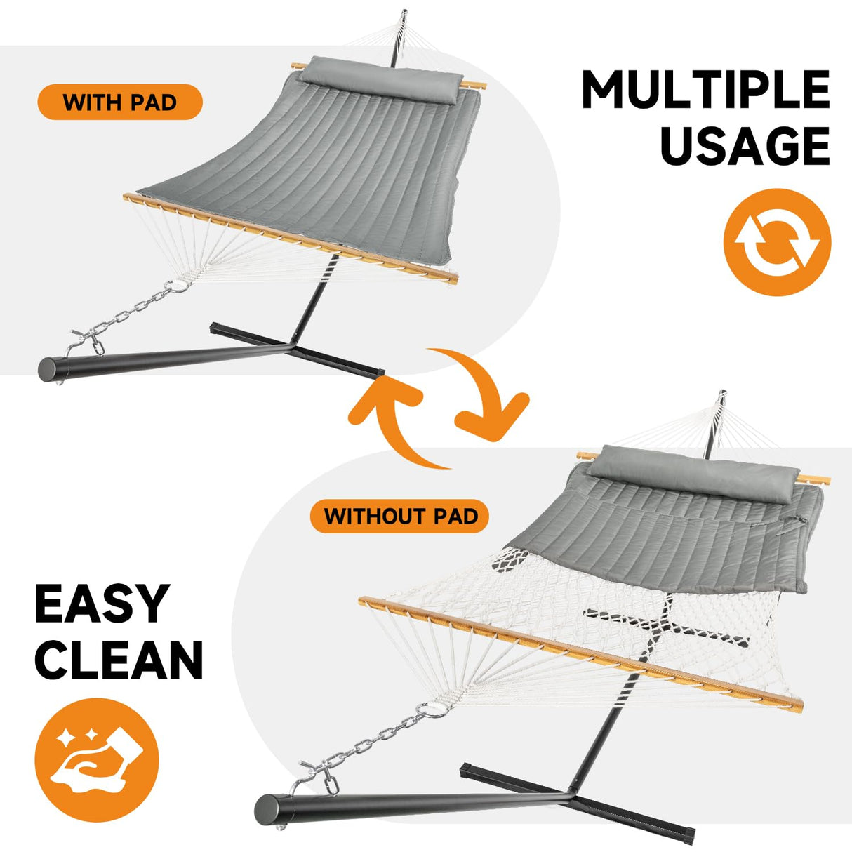 Everyfun Double Hammock with Stand, 2 Person Cotton Rope Hammock with Removable Polyester Pad, 500LBS Capacity, Portable & Adjustable Design, Includes Storage Bag, Indoor Outdoor Use,Dark-Gray Everyfun