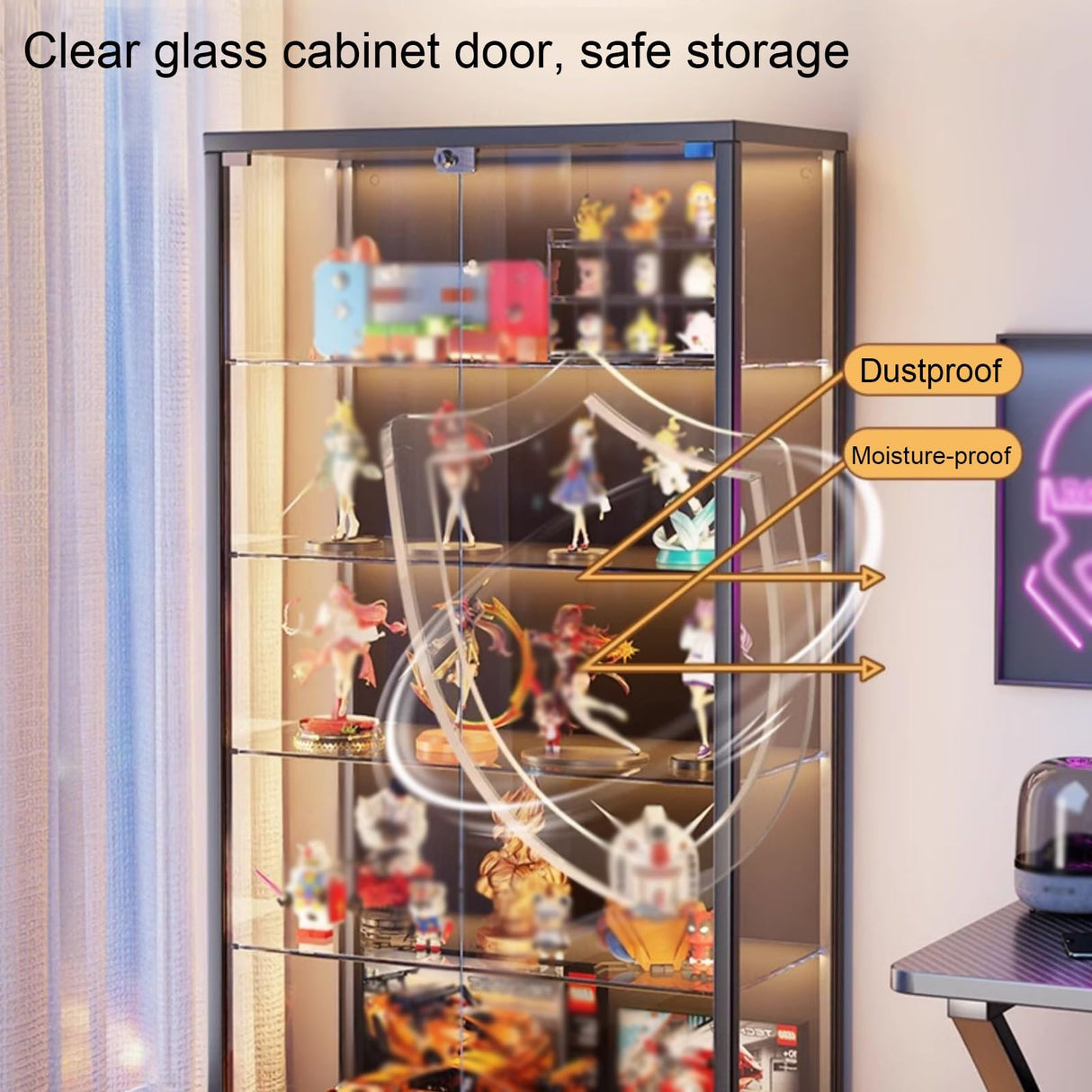 Zkfpet 63" Glass Display Cabinet with LED Lights, Metal Curio Cabinet with Dual Doors, Adjustable Shelves, Assemble Required(Black,60cm/23.6in) Zkfpet