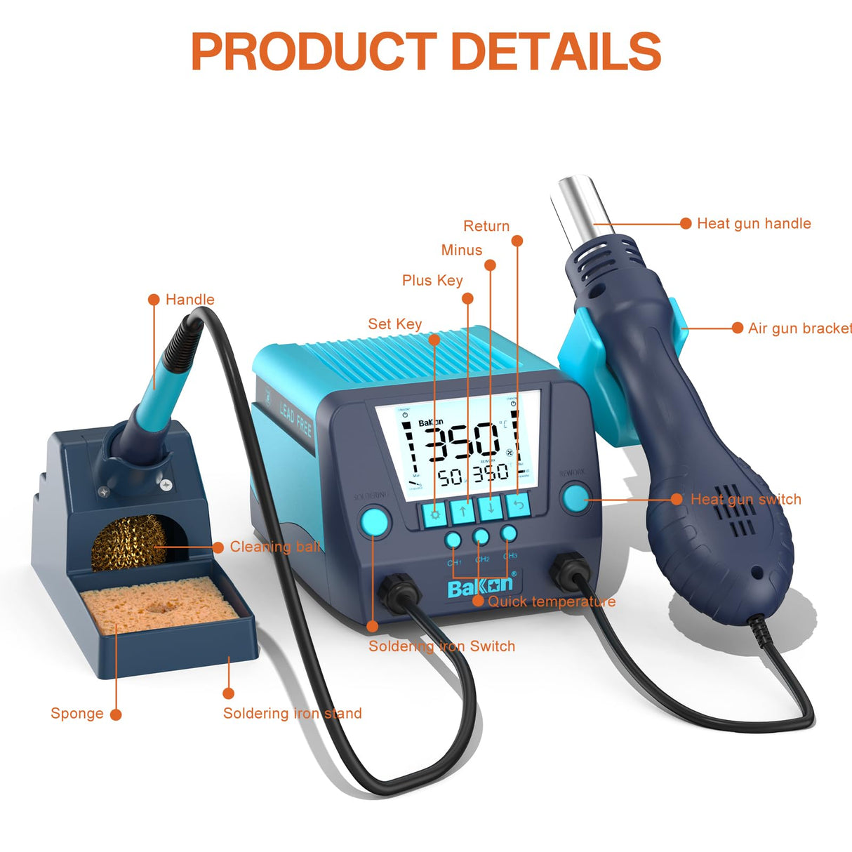 BAKON 882 2-In-1 SMD Hot Air Rework and Soldering Station with LCD Display,°F /°C,Auto Sleep & Standby,Digital Correction, Solder Wire, Tips,Tweezers, Nozzles,Solder Sucker BAKON