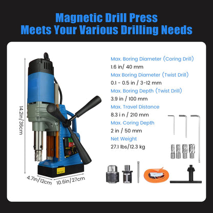 Magnetic Drill Press, 1300W, 700 PRM Portable Mag Drill Press with Twist Drill Chuck, 4Pcs Drill Bits, 1.6" Boring Diameter, 2922lbf Power, for Metal Working Industrial Home Improvement - WoodArtSupply