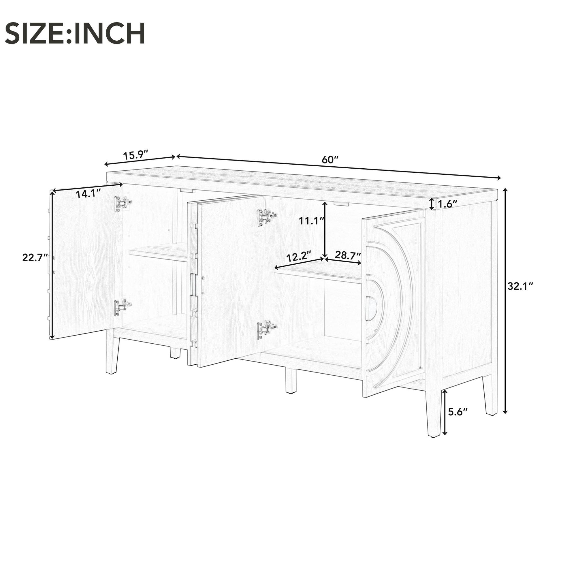 LUMISOL 60" Sideboad Buffet Cabinet with 4 Doors Large Storage Cabinet Kitchen Sideboard Cabinet with Metal Handles Solid Wood Sideboard Console - WoodArtSupply