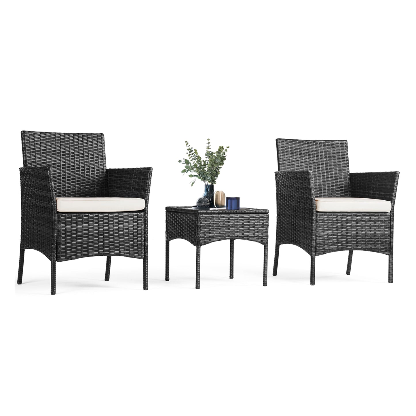 YSSOA Patio Furniture Set 3 Pieces Outdoor Rattan Wicker Chairs with Soft Cushion and Glass Coffee Table, Waterproof Conversation Bistro Loveseat for Garden Backyard, Balcony, Terrace, Black