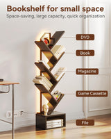 Casaottima Black Tree Bookshelf with LED Light Strip — 6-Tier Small Floor Standing Bookcase, Narrow Steel & Wood Book Organizer Shelf with Cabinet, Home Decor for Living Room/Bedroom/Home Office Casaottima