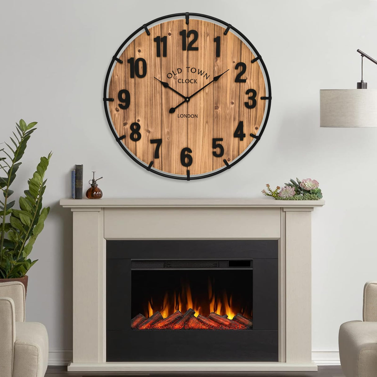 24 Inch Farmhouse Wall Clock Large Old Town Vintage Rustic Wooden Clock with Metal Rim and Large Numerals, Silent Battery-Operated for Office, Kitchen, Bedroom, and Living Room MICWIC