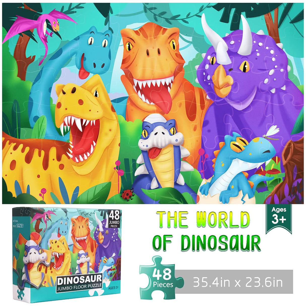 Jumbo Floor Puzzle for Kids Dinosaur Jigsaw Large Puzzles 48 Piece Ages 3-6 for Toddler Children Learning Preschool Educational Intellectual Development Toys 4-8 Years Old Easter Gift for Boy and Girl IFLOVE