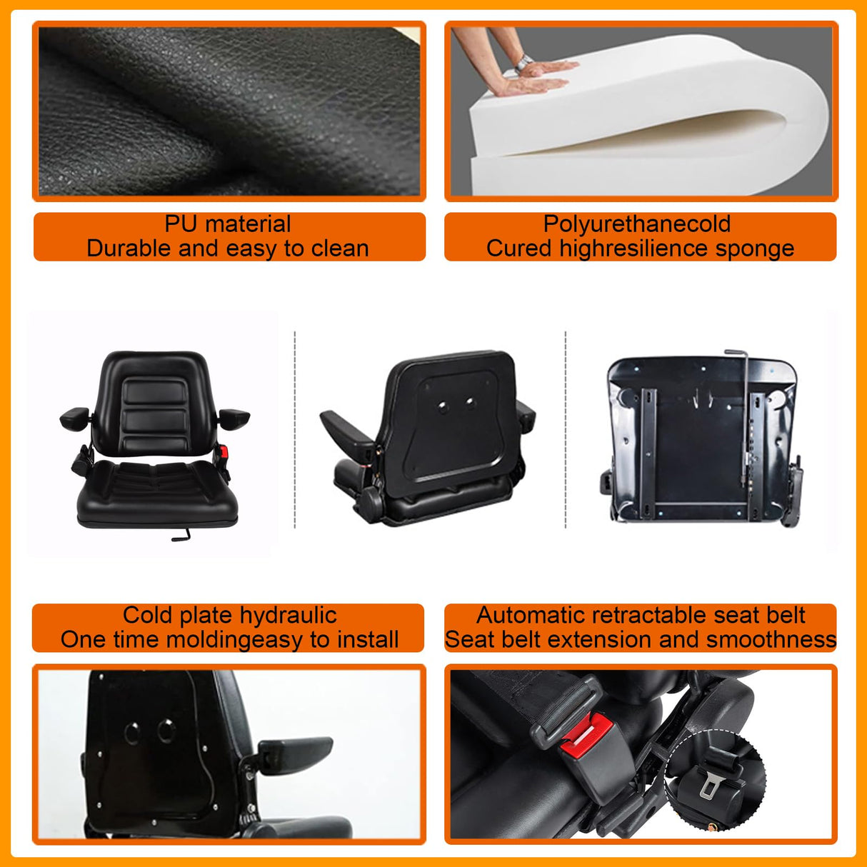 Universal Fold Down Forklift Seat Tractor Replacement Black PVC Mower with 180° Adjustable Backrest Angle, Armrests, Belt and Slide Fits Most Heavy Mechanical Tenqa