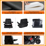 Universal Fold Down Forklift Seat Tractor Replacement Black PVC Mower with 180° Adjustable Backrest Angle, Armrests, Belt and Slide Fits Most Heavy Mechanical Tenqa