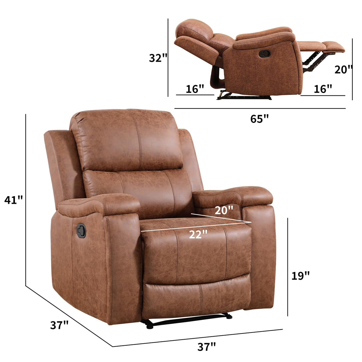 CANMOV Leather Recliner Chair, Classic and Traditional Manual Recliner Chair with Overstuffed Arms and Back, Manual Single Sofa with Concealed Cup Holders, Brown CANMOV