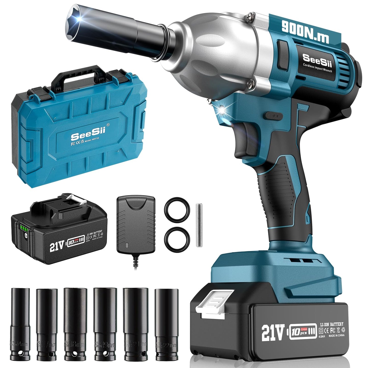 Seesii Cordless Impact Wrench, 900N.m(665ft-lbs) Power Impact Gun 1/2 Inch, 4.0Ah Battery, 3300RPM Impact Wrench, 6 Sockets, Electric Impact Driver for Home Car Truck Mower Father Dad Husband - WoodArtSupply