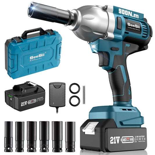 Seesii Cordless Impact Wrench, 900N.m(665ft-lbs) Power Impact Gun 1/2 Inch, 4.0Ah Battery, 3300RPM Impact Wrench, 6 Sockets, Electric Impact Driver for Home Car Truck Mower Father Dad Husband - WoodArtSupply