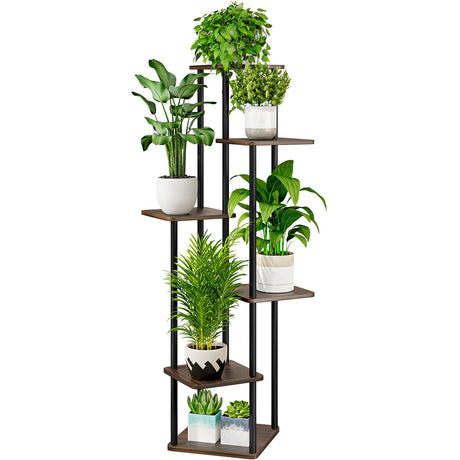AZERPIAN Plant Stand 6 Tier Indoor Metal Flower Shelf for Multiple Plants Corner Tall Flower Holders for Patio Garden Living Room Balcony Bedroom, Black Oak AZERPIAN