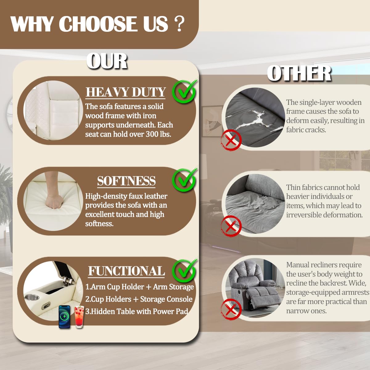 Caberryne Power Recliner Sofa Set with LED Lights,Leather Reclining Couch and Loveseat Set with USB Port/Coffee Table/Cup Holder,Living Room Set with 4 Recliner Seats for House(2 Piece Set,Creamy) Caberryne