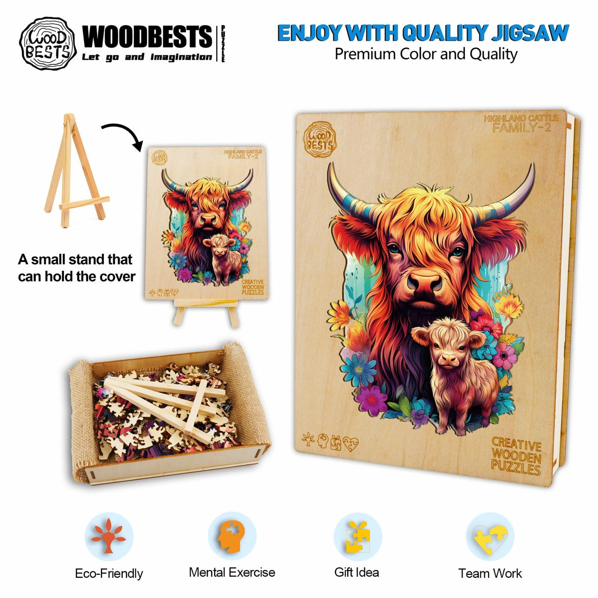 WOODBESTS Wooden Puzzle for Adults, Highland Cattle Family Puzzle (M, 170pcs, 9.2"x11.4") Beautiful Wooden Box, Wooden Jigsaw Puzzles Unique Shape, Birthday Gifts for Adults and Kids Family Game WOODBESTS