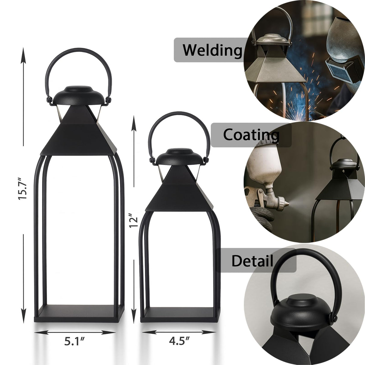 Decorative Metal Lanterns Indoor Outdoor, Candle Holder for Porch, Patio, Fireplace, Floor, Wedding, Christmas, Fall, Holiday, Farmhouse Table Centerpiece (Black, Set of 2 15.7" 12") ZLFart