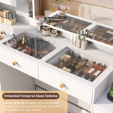 62" Large White Vanity Desk w/ Tempered Glass Top,60000-color LED Lights,Power Outlet, Make up Vanity w/ 3 Lights Mode LED Mirror,9 Drawers,2 RGB Cabinet LED Vanity Table for Women,Girls chartustriable