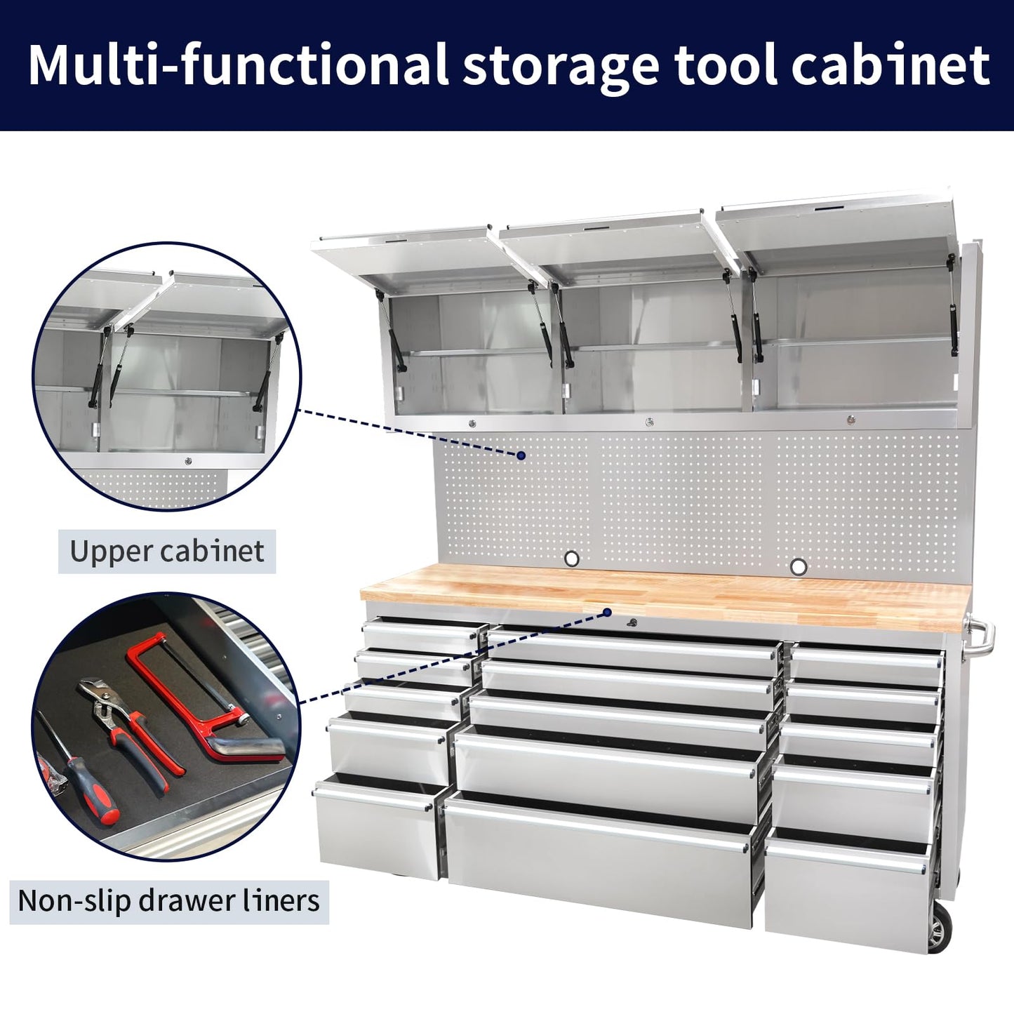 CHETTO C 72 inch Tool Chest Rolling Tool Box Large Tool Cabinet with 15 Storage Drawers Wheels 3 Upper Cabinet SS-Pegboard Workbench Stainless Steel