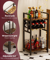 Ansionsol 3-Tier Wine Rack Freestanding Floor with Wood Top, Liquor Stand with Wine Bottle Holder, Corner Mini Bar Table for Small Space, Metal Whiskey Shlef for Kitchen, Cellar, Living Room, Black Ansionsol
