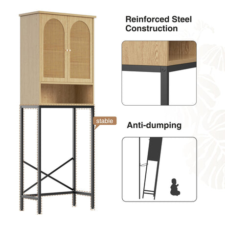 FiveWillowise Natural Rattan Over-The-Toilet Storage Cabinet with Adjustable Shelf and Metal Stand FiveWillowise