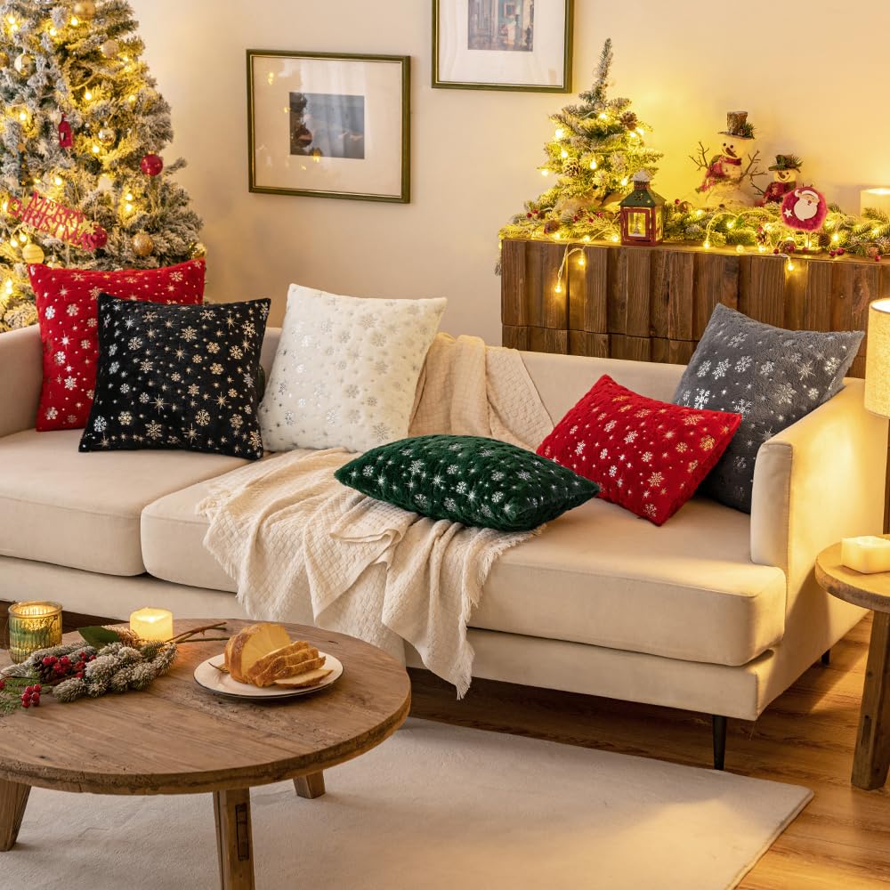 MIULEE Set of 2 Christmas Decorative Throw Pillow Covers Soft Faux Fur Winter Pillow Covers with Silver Snowflake Glitter Holiday Festival Pillowcases for Couch Sofa Bed, 18×18inch, Red MIULEE