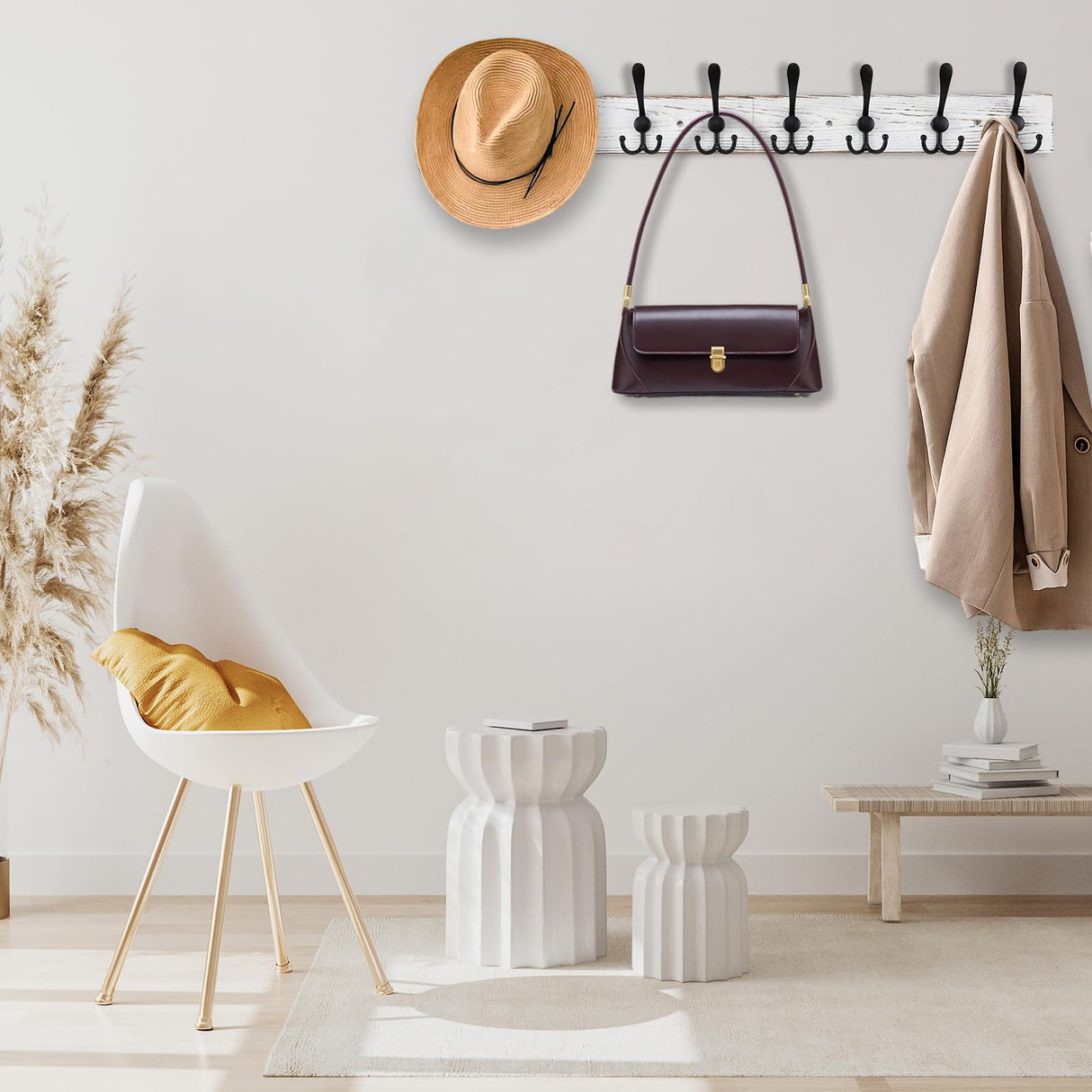 Kuhome 32.2'' Large Coat Rack Wall Mount Coat Hooks with 8 Metal Black Triple-Hooks Old White Pine Real Wood Plank Hat Rack for Wall Hooks Kuhome