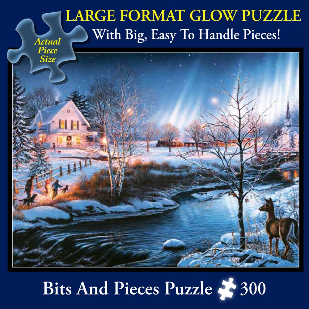 Bits and Pieces – Large 300 Piece Glow in The Dark Jigsaw Puzzle for Adults – All is Bright by Artist James Meger - Winter Holiday Landscape Jigsaw Puzzle, Completed Puzzle Size: 18" x 24" Bits and Pieces