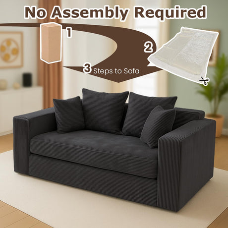 Convertible Sofa Bed, 3 in 1 Loveseat Folding Couch Bed Foldable - Chaise Lounge Chair & Floor Futon Sleeper, Corduroy Pull Out Sofa Bed with 4 Pillows for Living Room, Black cidludto