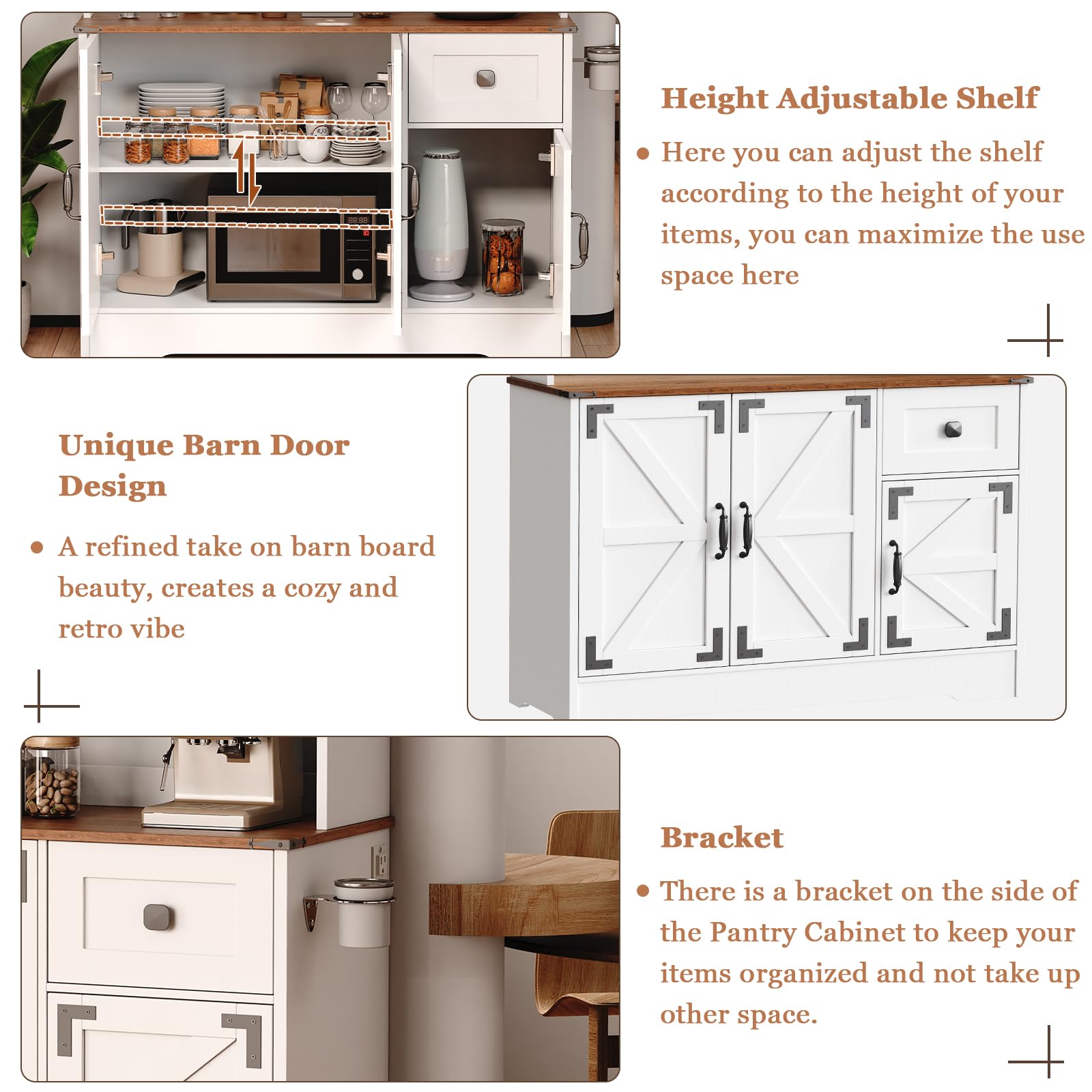 71" Pantry Cabinet, Kitchen Hutch Cabinet with Microwave Stand & Charging Station, Farmhouse Tall Storage Cabinet with Countertop, Floor Cupboard Cabinet, Bar Cabinet with Drawer and Doors, W - WoodArtSupply