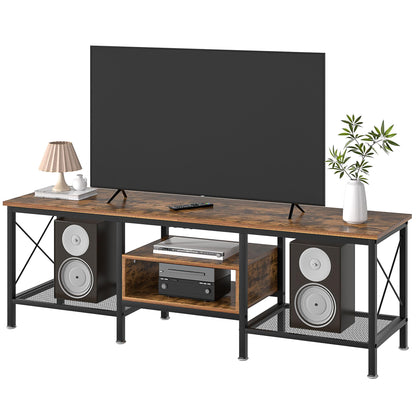 VECELO Industrial TV Stand for 65 Inch Television Cabinet 3-Tier Console with Open Storage Shelves, Entertainment Center Metal Frame for Living Room, Bedroom, 55 Inch, Dark Brown