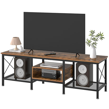 VECELO Industrial TV Stand for 65 Inch Television Cabinet 3-Tier Console with Open Storage Shelves, Entertainment Center Metal Frame for Living Room, Bedroom, 55 Inch, Dark Brown VECELO