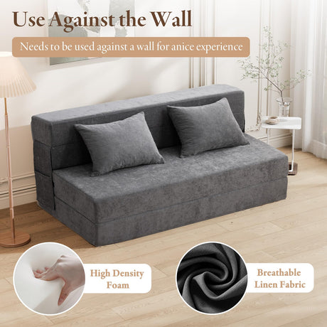 HOMFINE Folding Sofa Bed - Convertible Sleeper Chair with Pillow, Fold Out Couch, Memory Foam Floor Mattress, Futon Couch, Lazy Sofa for Living Room/Dorm/Guest Room/Home Office, Grey, Queen Size HOMFINE