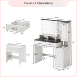 Buytime Farmhouse Makeup Vanity with Charging Station, Vanity Desk with Lights Mirror and Drawers, Glass Top Makeup Vanity with Jewelry Cabinet, Hairdryer Holder and Stool for Bedroom, Off White Buytime