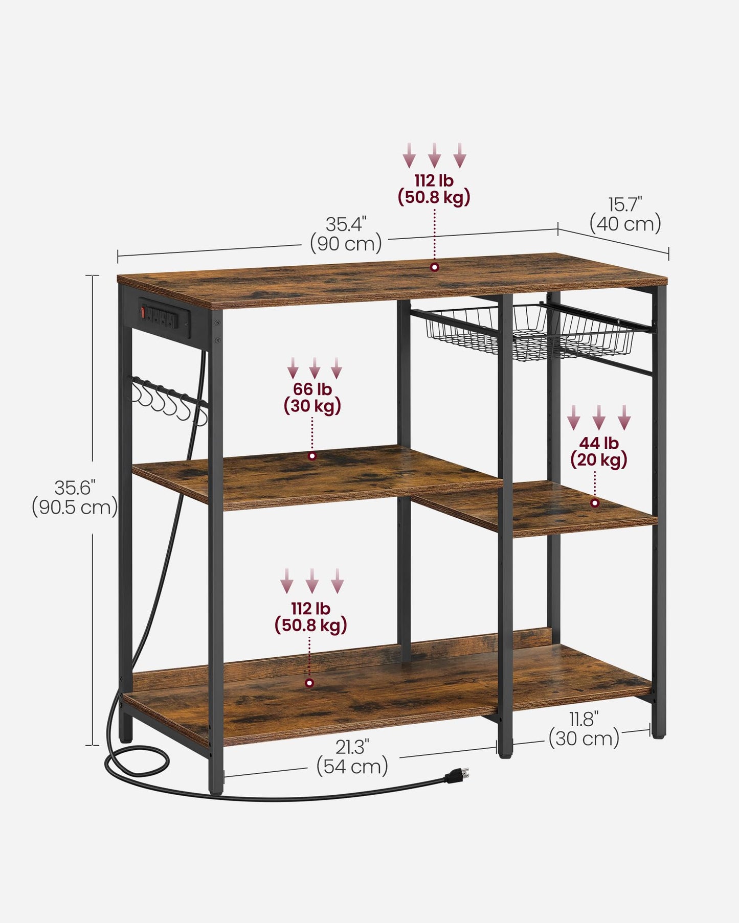 VASAGLE Baker's Rack, Coffee Bar Stand with Charging Station, Storage Shelves, Pull-Out Wire Basket, Table for Microwave, Kitchen, Rustic Brown UKKS036K01, 15.7 x 35.4 x 35.6 Inches