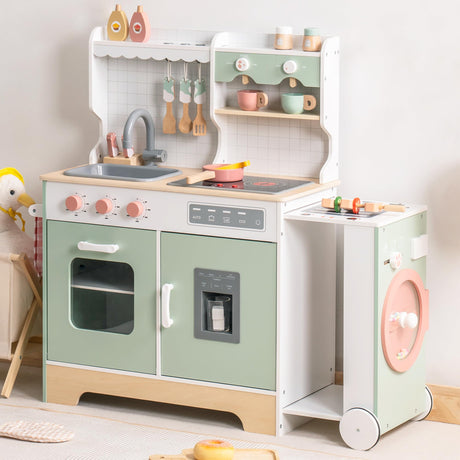 ROBUD Wooden Play Kitchen Set for Kids Toddlers, Pretend Kitchen Playset with BBQ Grill, Ice Maker, Coffee Machine, and Accessories, Toy Kitchen Gift with Lights & Sounds for Girls & Boys, Age 3+ ROBUD