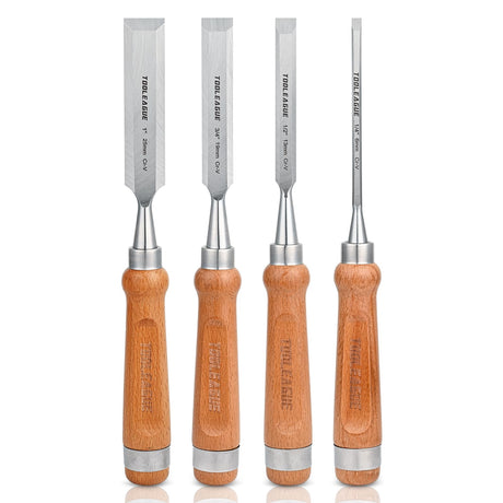 TOOLEAGUE 4 Pieces Wood Chisel Tool Set for Woodworking, Tempered to 60HRC, Beech Handle, Woodworking Carving Chisel Kit TOOLEAGUE