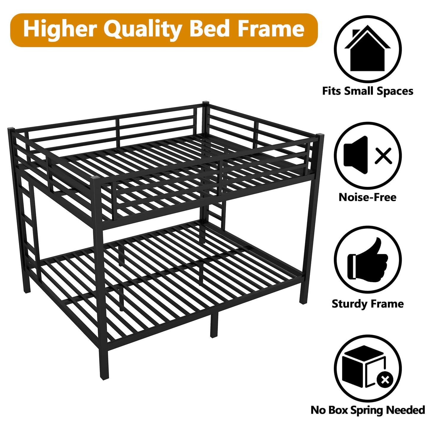 Thctvous Queen Over Queen Bunk Bed,Heavy Duty Metal Bunk Bed Frame for Adults,2 Side Ladder,Guardrail,Space-Saving,Noise Reduced,No Box Spring Needed,Black (Queen Over Queen)