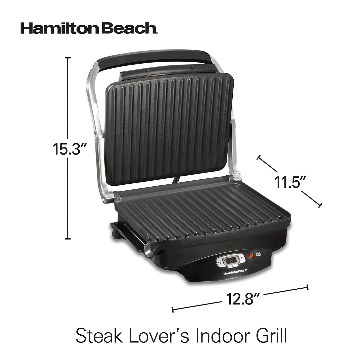 Hamilton Beach Steak Lover's Electric Indoor Searing Grill, Nonstick 100 Square, Stainless Steel (25331), Black and Stainless, Medium