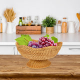 Zerodeko Rattan Fruit Bowl Bread Basket Woven Footed Bowl Round Pedestal Plate Dessert Display Platter Snack Serving Dish Tabletop Organizing Basket for Kitchen Counter Zerodeko