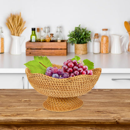 Zerodeko Rattan Fruit Bowl Bread Basket Woven Footed Bowl Round Pedestal Plate Dessert Display Platter Snack Serving Dish Tabletop Organizing Basket for Kitchen Counter