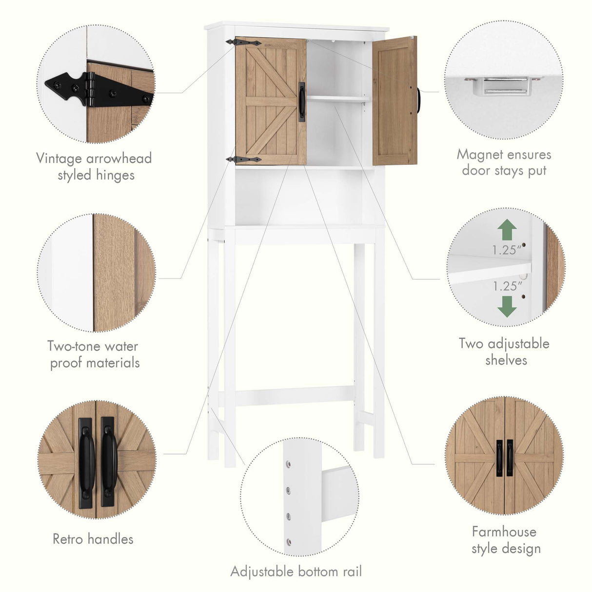 Spirich Over The Toilet Storage Cabinet, Farmhouse Over Toilet Bathroom Organizer with Wood Grain Barn Doors and Adjustable Shelves Spirich