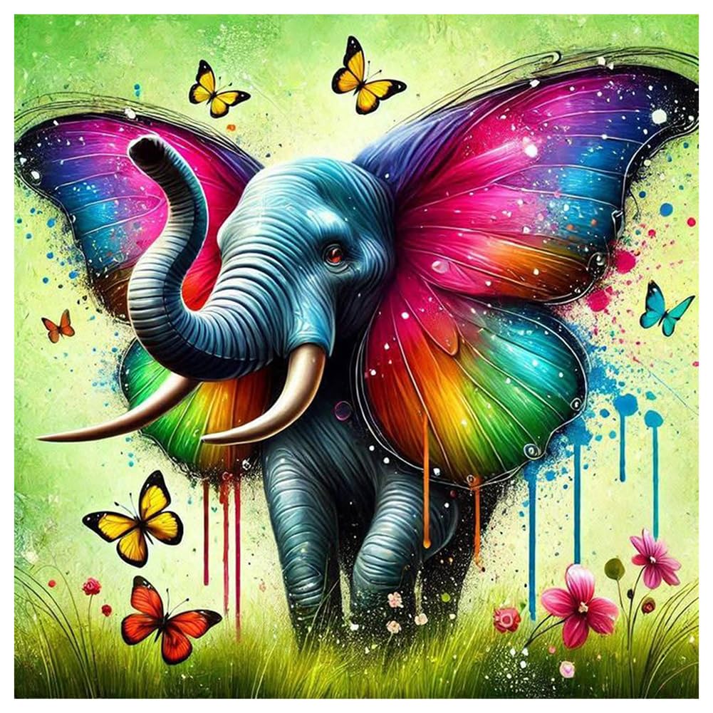 DPDAKIT Diamond Art Kits for Adults, Animal Elephant Diamond Painting Kits for Beginner, 5D DIY Butterfly Round Full Gem Art Crafts for Home Wall Decor Gift, 12x12inch DPDAKIT