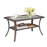 VINGLI Outdoor Coffee Table with Storage Wicker Patio Coffee Table, Tempered Glass Top Coffee Table for Patio Outside Balcony Porch Deck (Brown) VINGLI