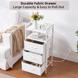 Somdot White Nightstand with Charging Station and LED Light for Bedroom, Tall 3 Drawers Dresser with Fabric Bins for Bedside Kids Dorm Room Closet Laundry Entryway, White Leather Somdot